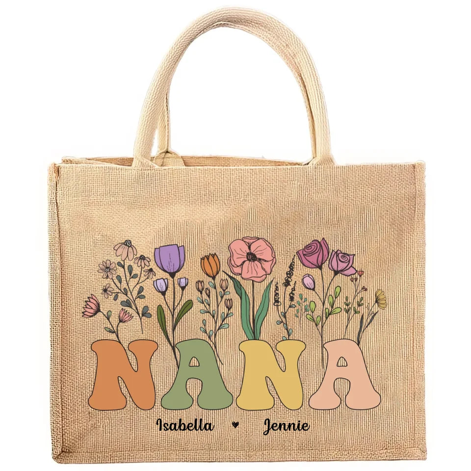 Retro Custom Nana Wildflowers - Personalized Jute Tote Bag, Gift For Mom/Grandma/Nana - JTB202UP