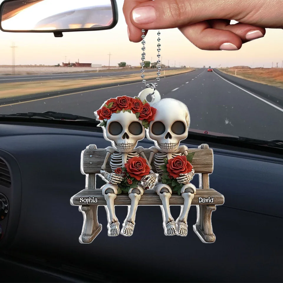 Skull Couple Roses Flower - Personalized Acrylic Car Hanger, Couples Gift 