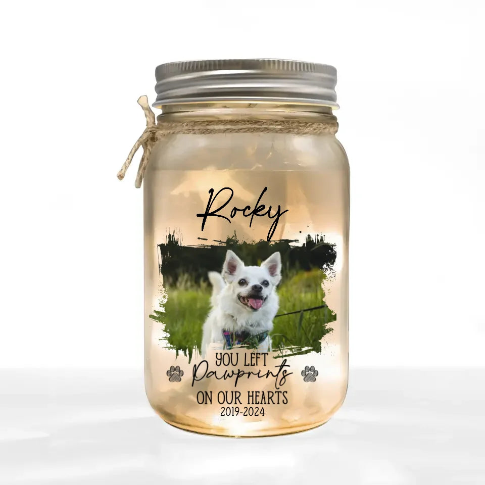 Custom Pet Photo, You Left Pawprints On Our Heart - Personalized Mason Jar Light, Memorial Gift - 125MJL20TL