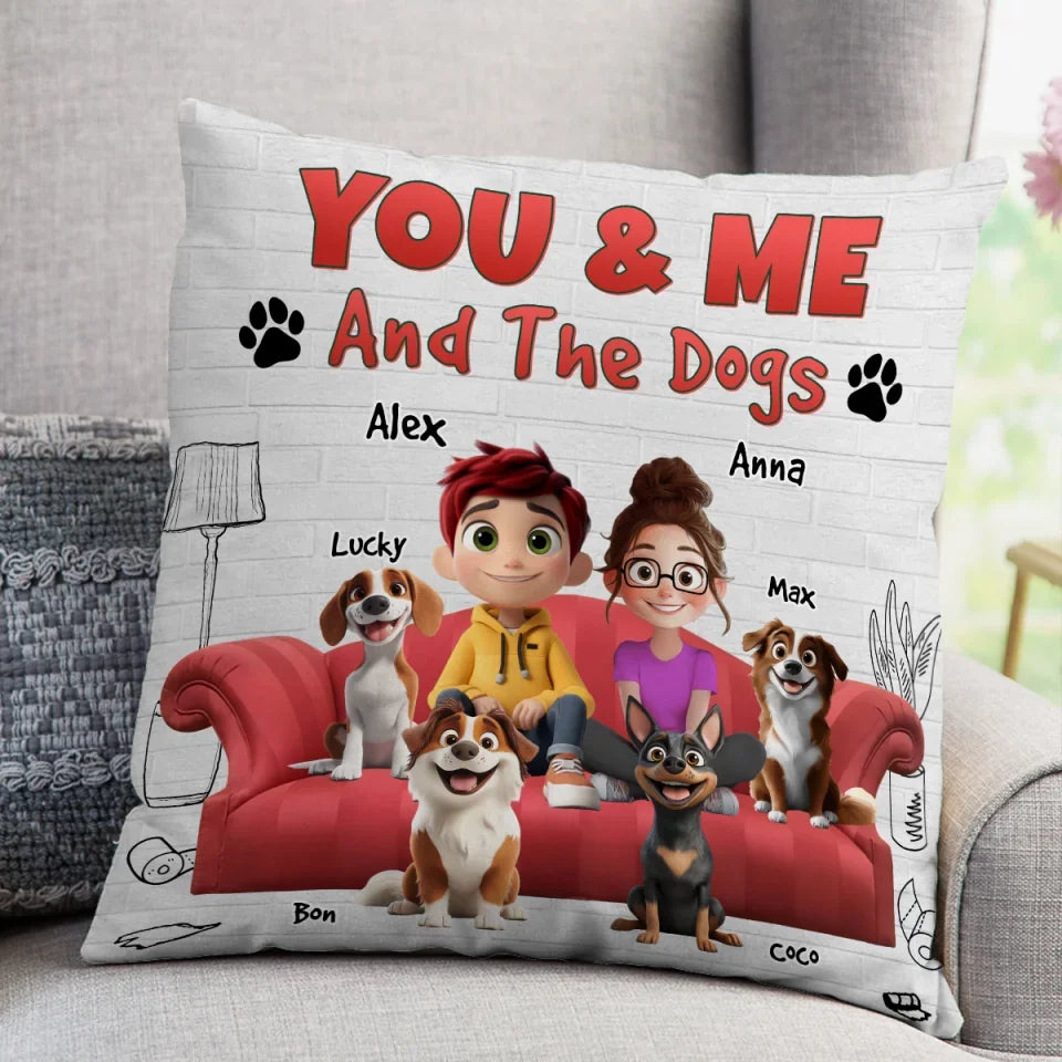 Couple Cartoon, You & Me And The Dogs - Personalized Pillow, Gift For Dog Lover