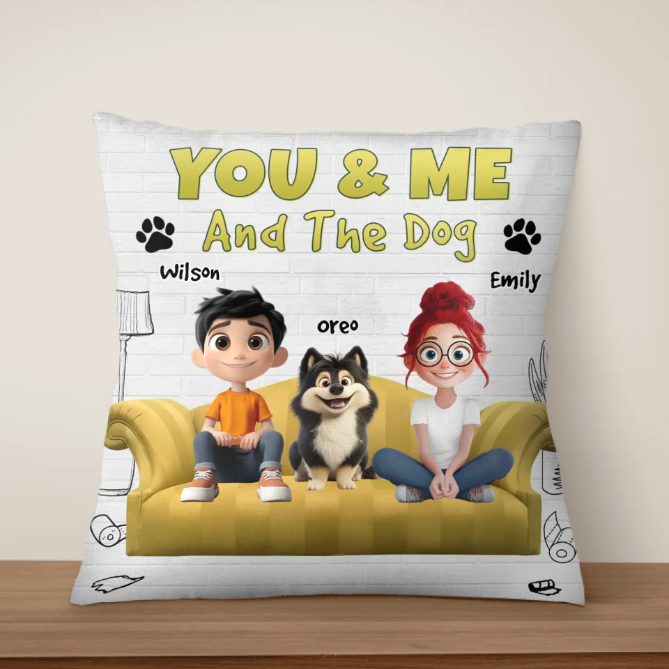 Couple Cartoon, You &amp; Me And The Dogs - Personalized Pillow, Gift For Dog Lover