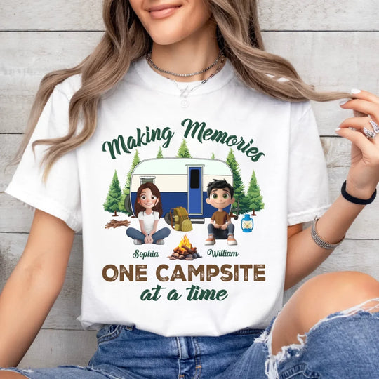 Couple Camping, Making Memories One Campsite At A Time - Personalized T-Shirt, Gift For Camping Lover, Camping, camping gift,camping,campsite,campgrounds,custom gift,personalized gifts,t-shirt, tee, personalized shirt,Camping shirt, camping shirts, hiking shirt, camper shirt, camper t-shirt, camping graphic tee