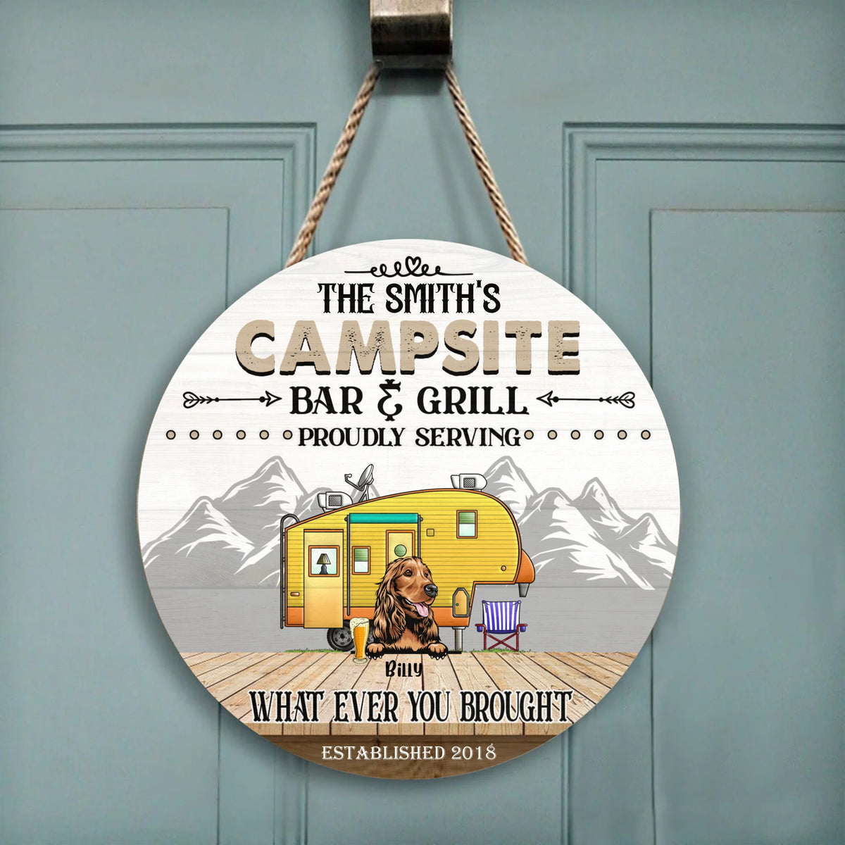 Campsite Bar And Grill - Round Wooden Door Sign