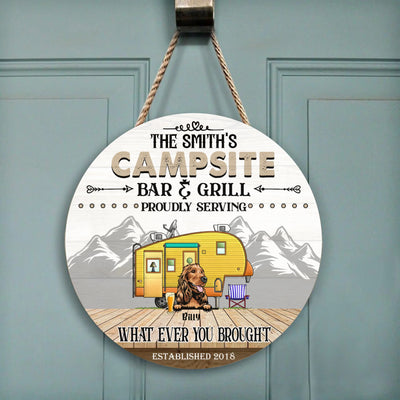 Campsite Bar And Grill - Round Wooden Door Sign