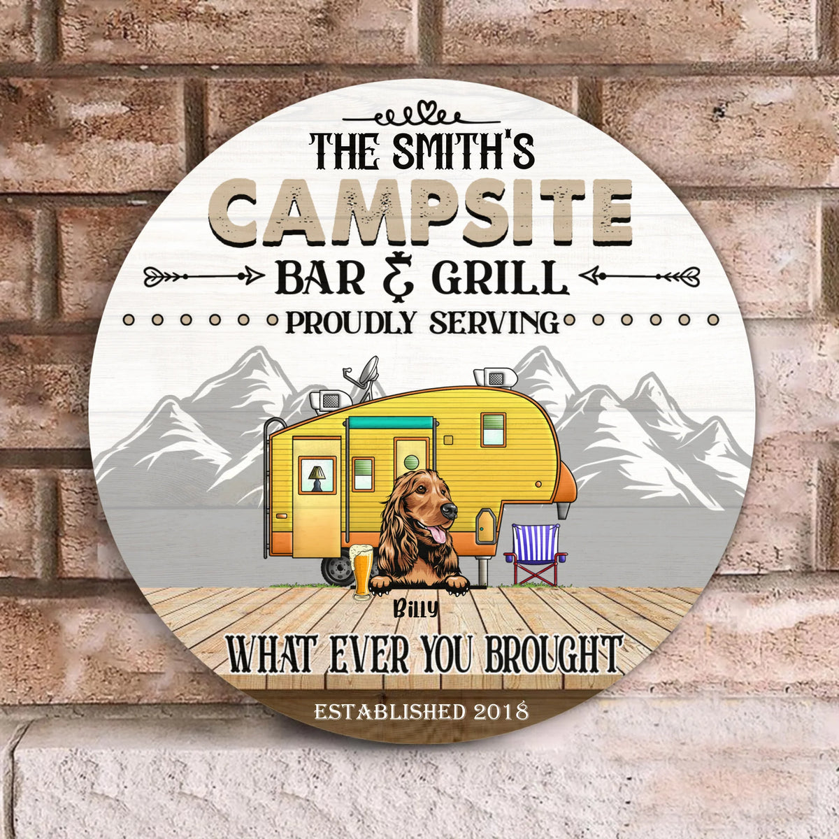 Campsite Bar And Grill - Round Wooden Door Sign