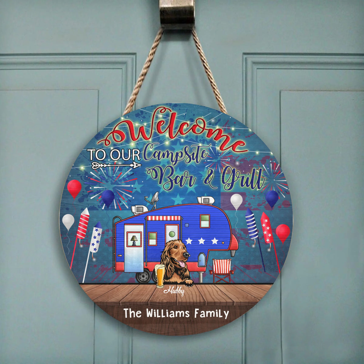 Welcome To Our Campsite Bar & Grill - Wooden Door Sign