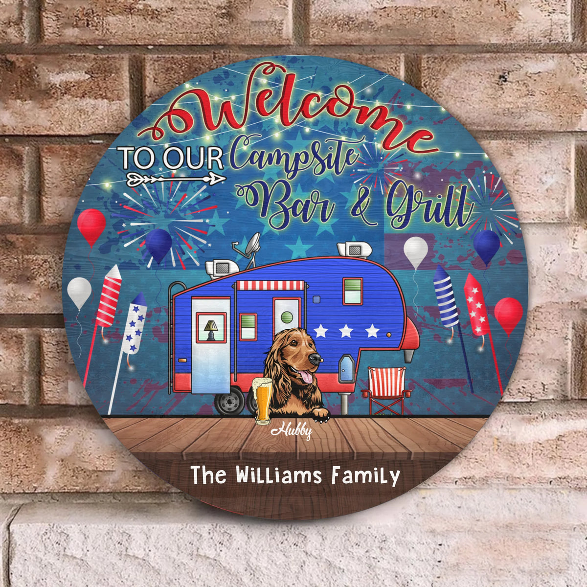 Welcome To Our Campsite Bar & Grill - Wooden Door Sign