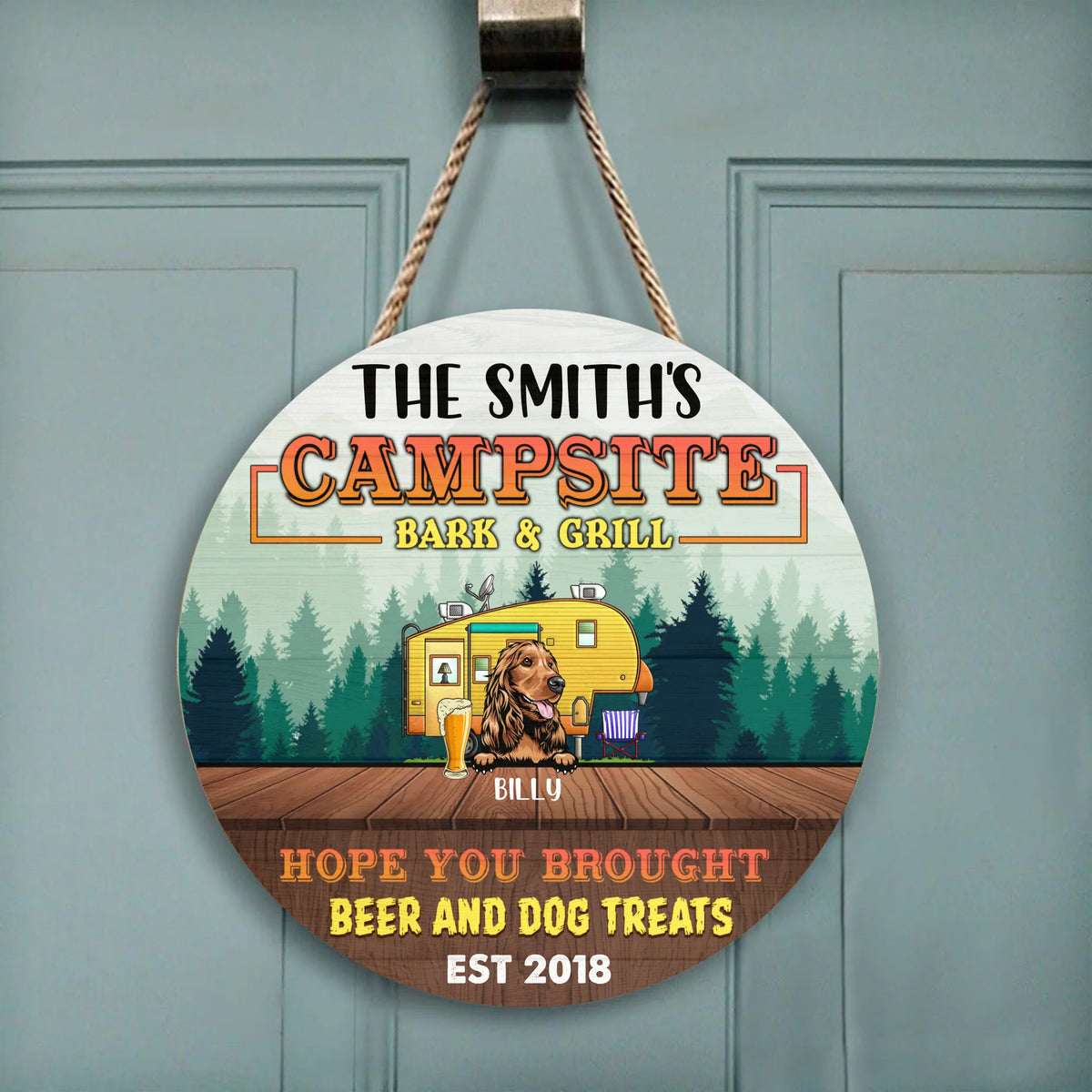 Campsite Bark & Grill - Wooden Door Sign