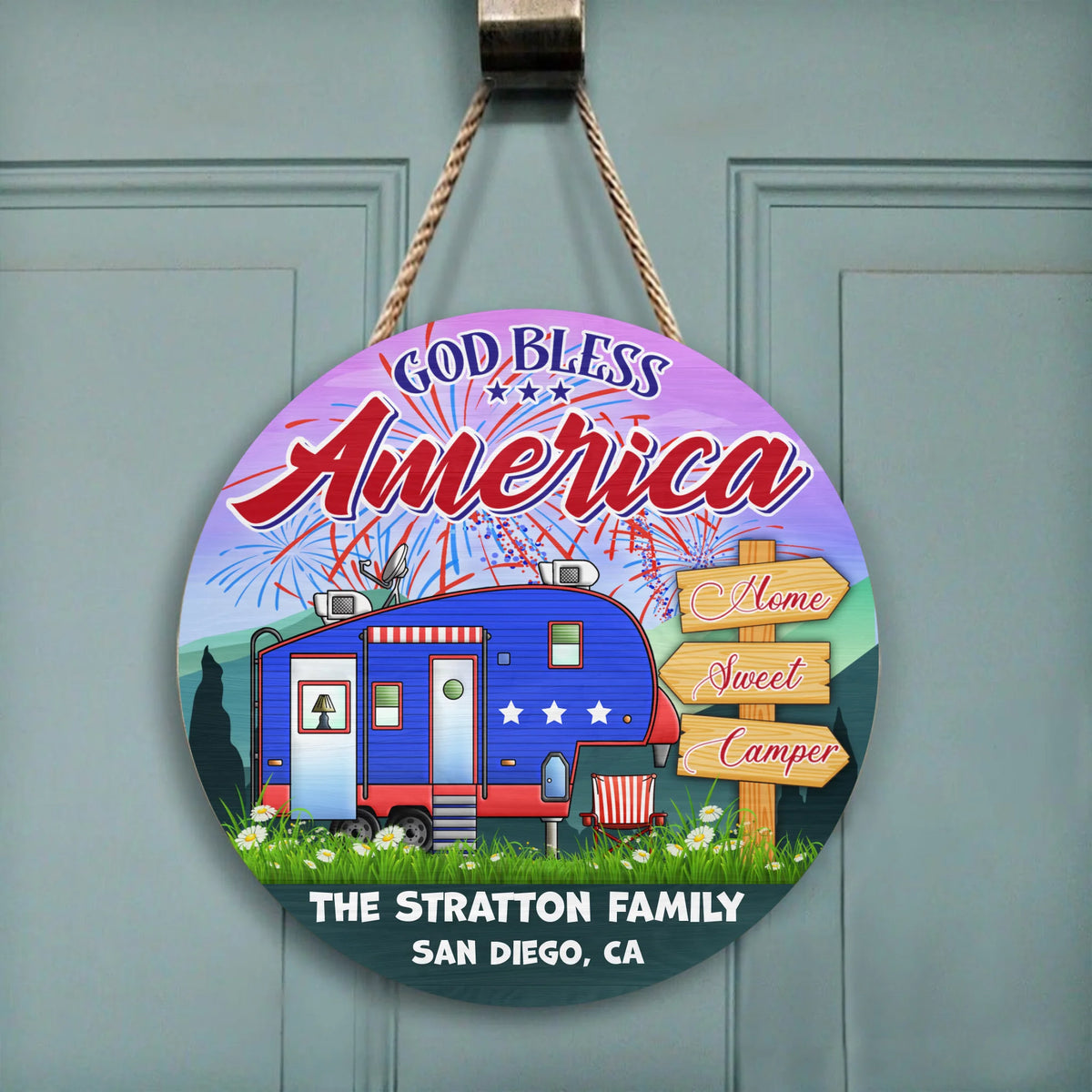 God Bless America - Round Wooden Door Sign