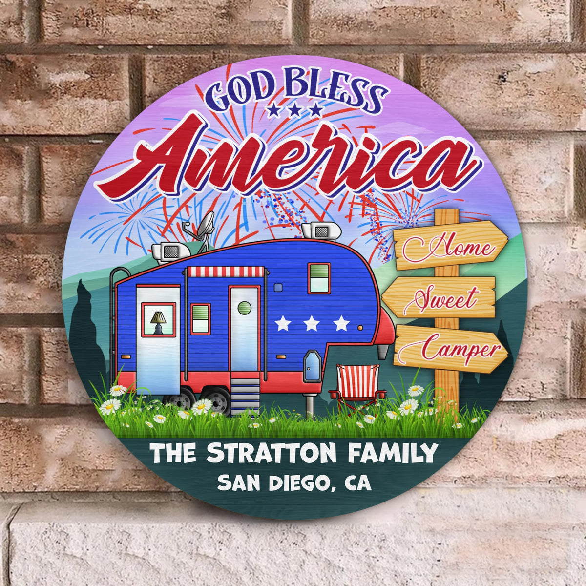 God Bless America - Round Wooden Door Sign