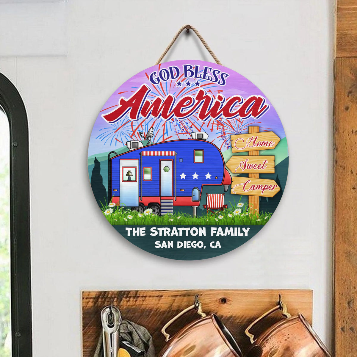 God Bless America - Round Wooden Door Sign