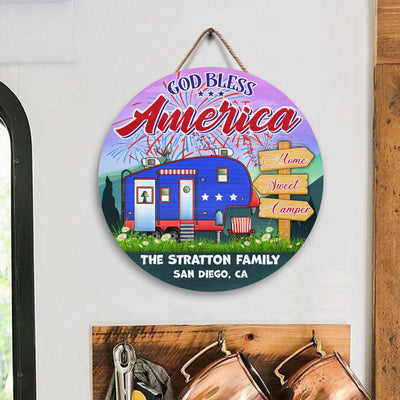God Bless America - Round Wooden Door Sign