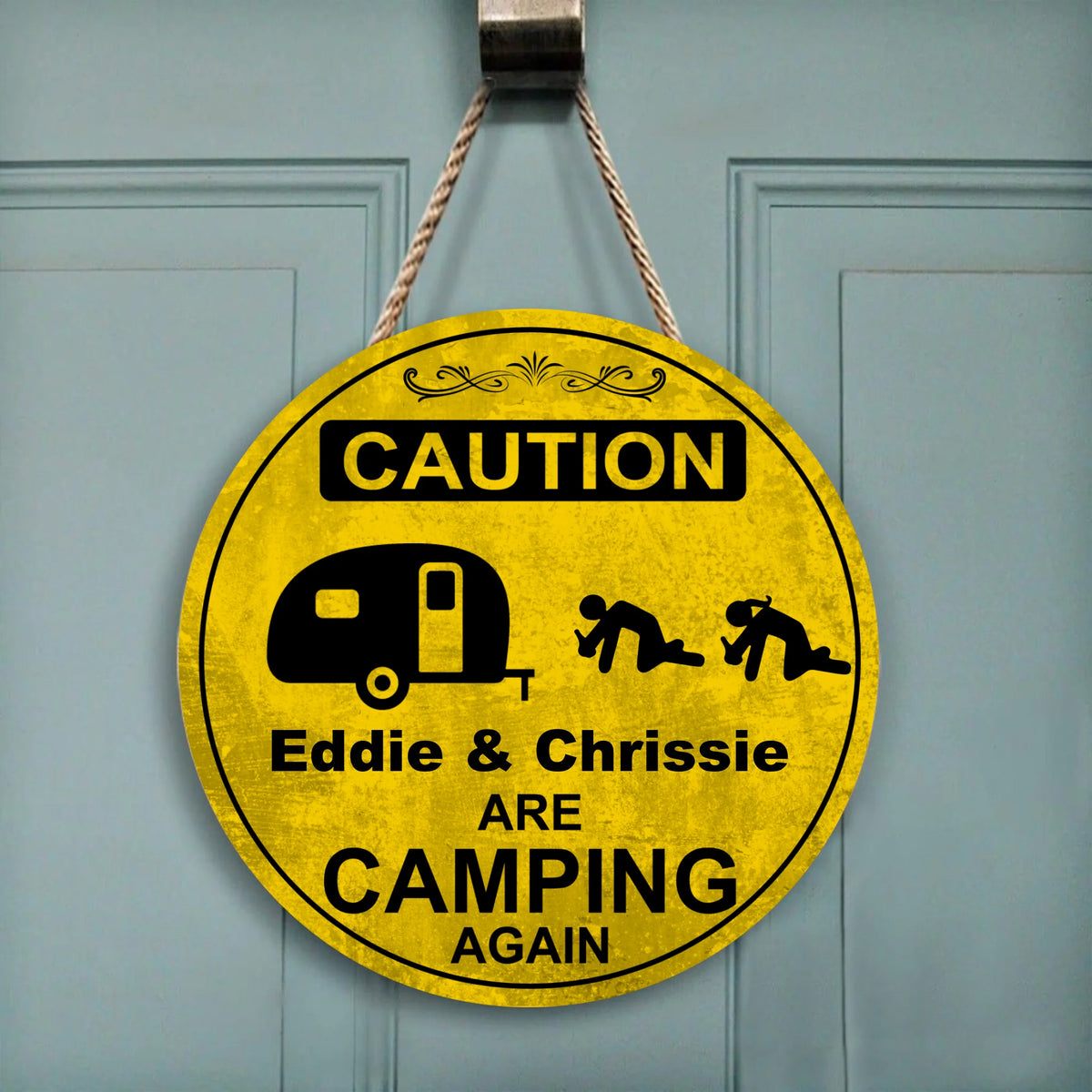 Caution Camping Again - Round Wooden Door Sign