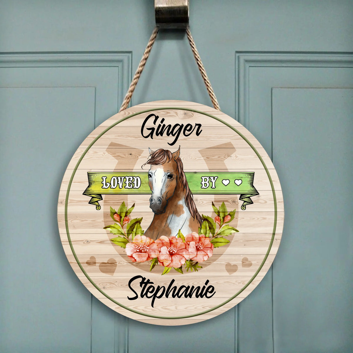 Horse Loved By - Personalized Round Wooden Door Sign