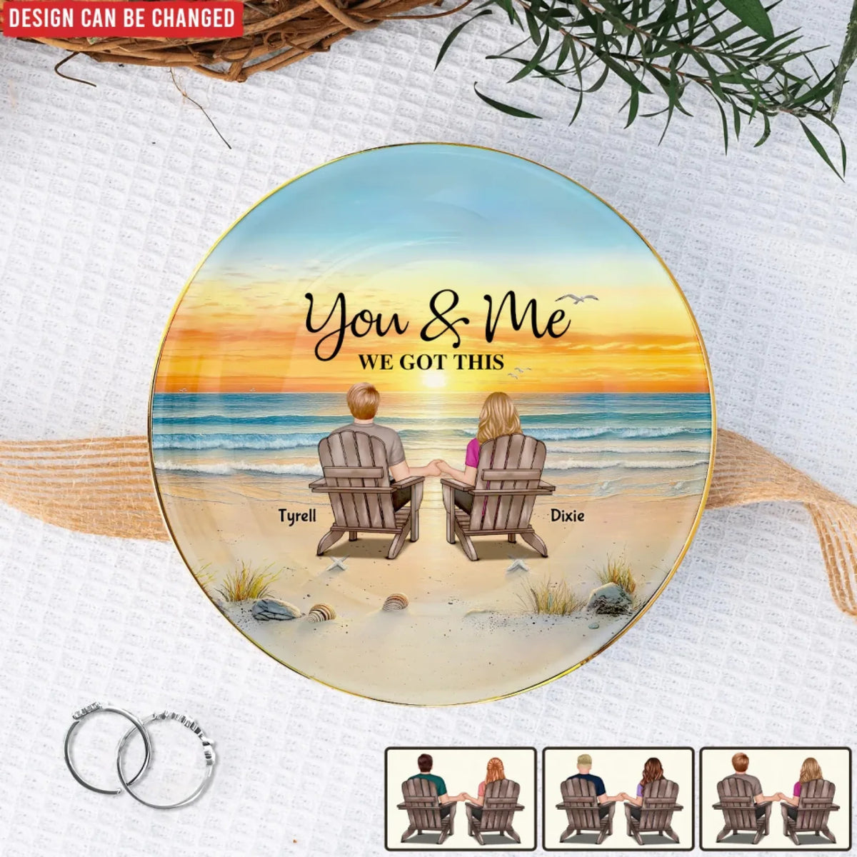 Back View Couple Sitting Beach - Personalized Jewelry Dish, Gift For Couple, Husband, Wife