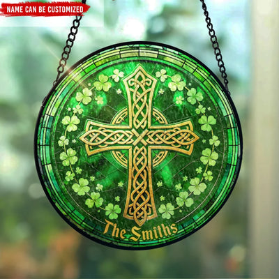 Irish Celtic Cross Shamrock St. Patrick’s Day - Personalized Window Stained Glass, Window Suncatcher, St. Patrick's Day Home Decor