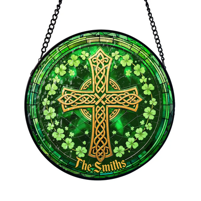 Irish Celtic Cross Shamrock St. Patrick’s Day - Personalized Window Stained Glass, Window Suncatcher, St. Patrick's Day Home Decor