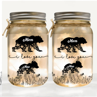 Floral Mama Bear - Personalized Mason Jar Light, Gift For Mom, Grandma, Mama Bear We Love You