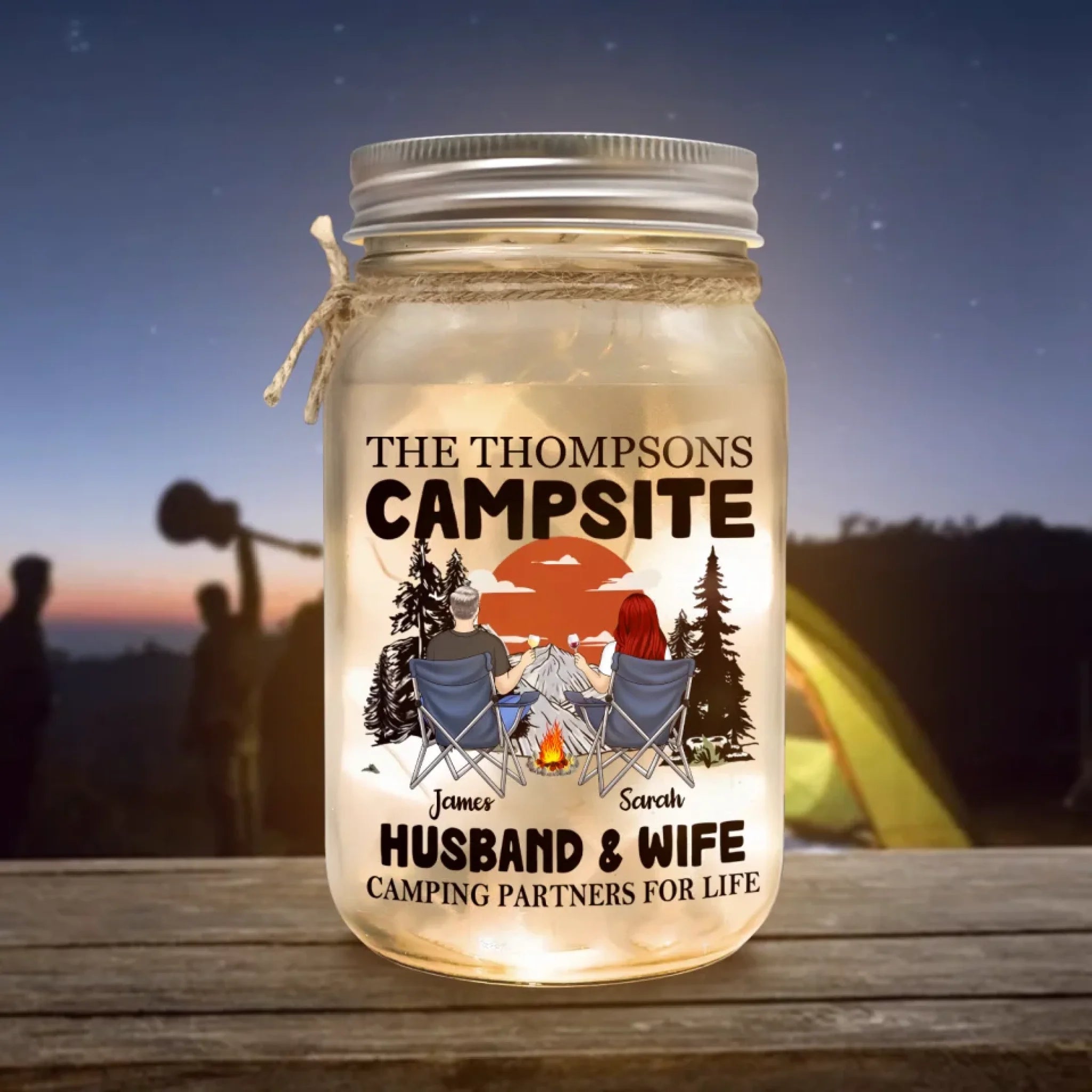 Camping Husband & Wife Camping Partners For Life - Personalized Mason Jar Light, Camping Gift For Couple