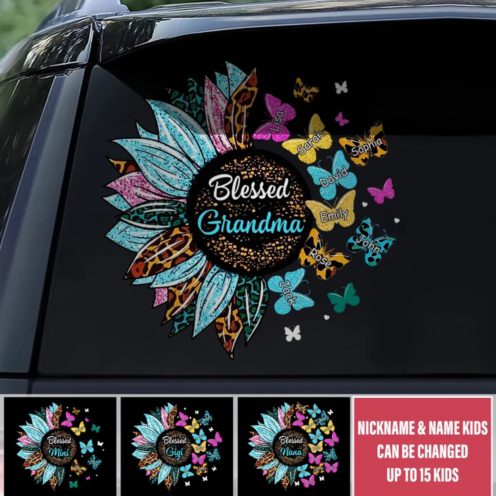 Leopard Sparking Sunflower - Personalized Decal, Gift For Mama/ Grandma, Mother’s Day Gift, Car Decor