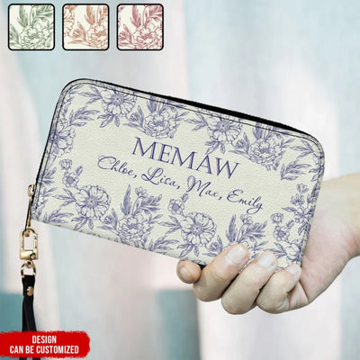 Vintage Floral Grandma And Her Kids - Personalized Leather Wallet, Retro Style Wallet, Gift for Mom/ Grandma