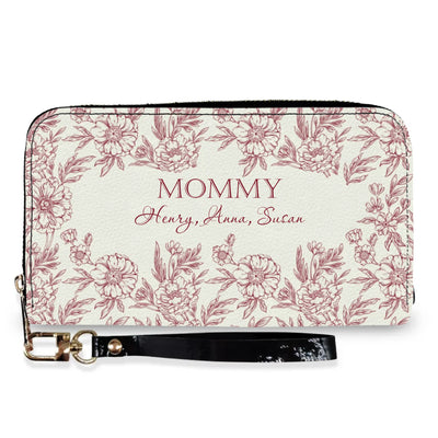 Vintage Floral Grandma And Her Kids - Personalized Leather Wallet, Retro Style Wallet, Gift for Mom/ Grandma