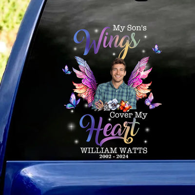 My Son's Wings Cover My Heart - Personalized Decal, Memorial Gift