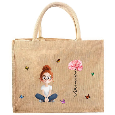 Cute Cartoon Women Girl Birth Flower - Personalized Jute Tote Bag, Gift For Mom, Mother’s Day Gift