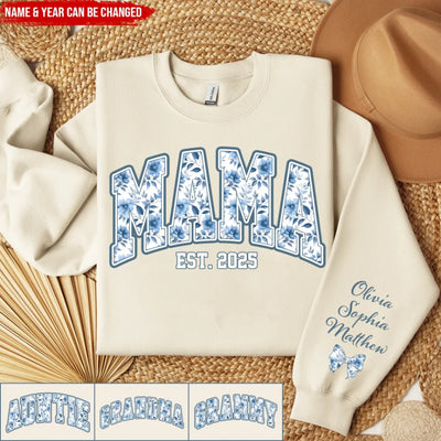 Custom Mama Blue Toile de Jouy Style - Personalized Sleeve Print Sweatshirt, Gift For Mom, Auntie, Grandma
