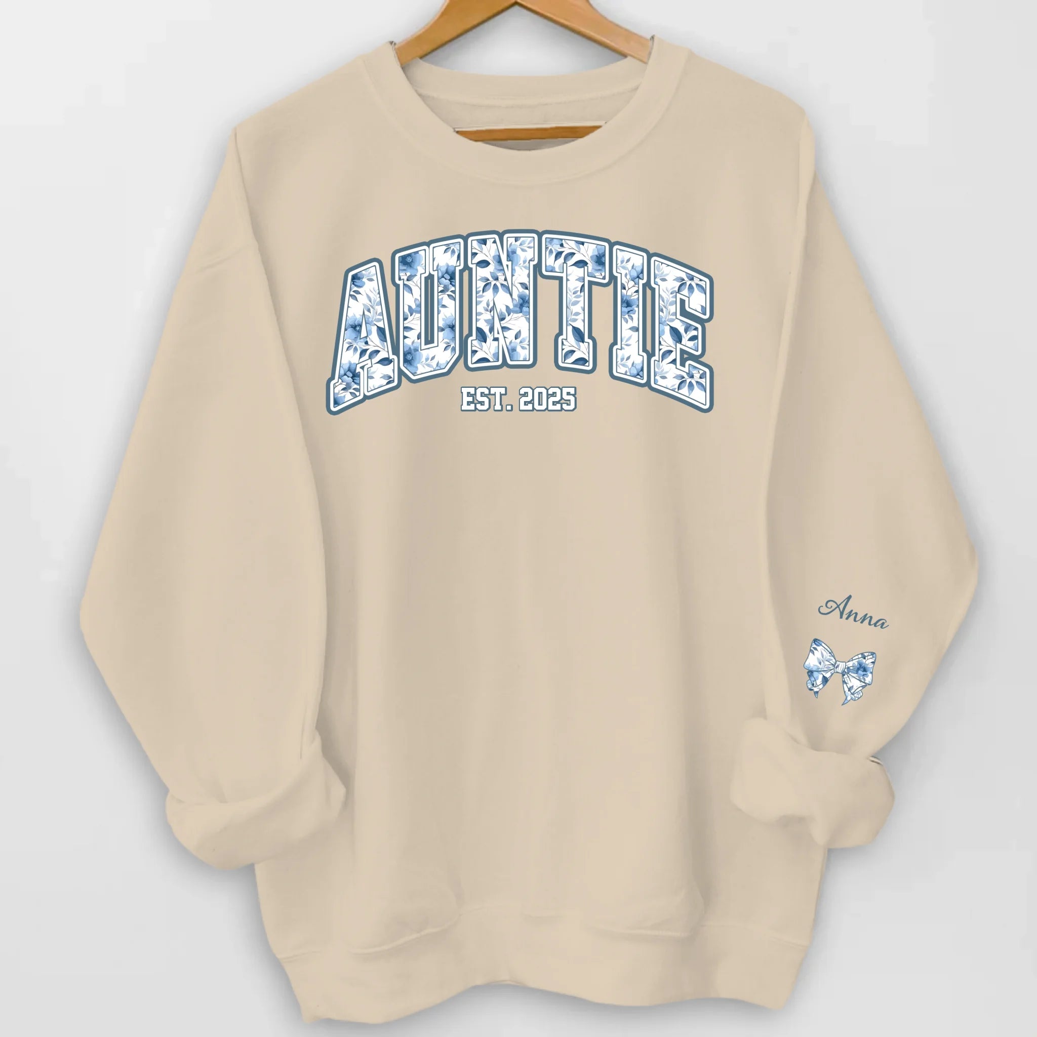 Custom Mama Blue Toile de Jouy Style - Personalized Sleeve Print Sweatshirt, Gift For Mom, Auntie, Grandma