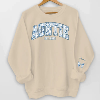 Custom Mama Blue Toile de Jouy Style - Personalized Sleeve Print Sweatshirt, Gift For Mom, Auntie, Grandma