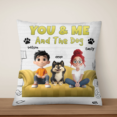Couple Cartoon, You & Me And The Dogs - Personalized Pillow, Gift For Dog Lover