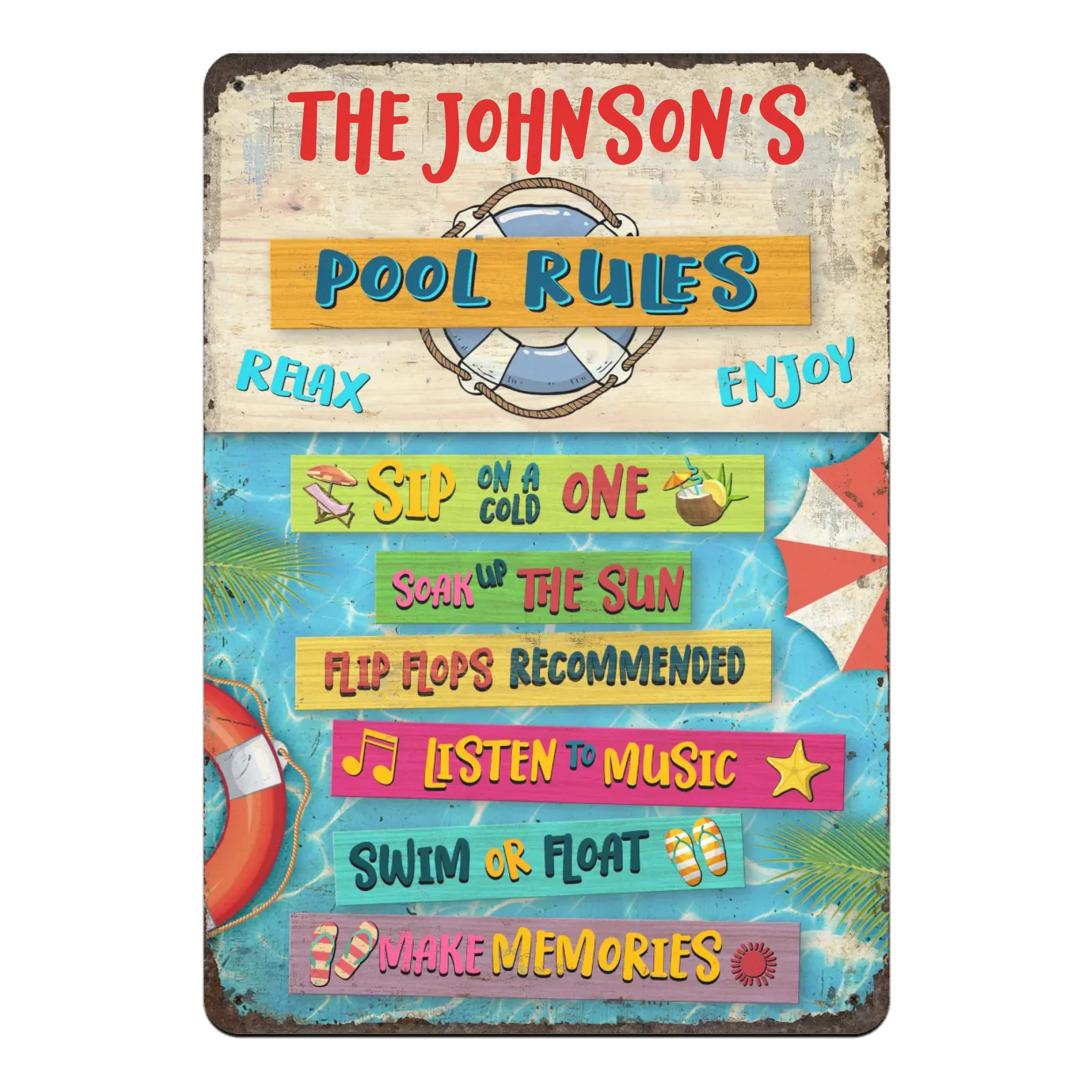 Pool Rules Inspirational Sayings for Swimmers - Personalized Metal Sign, Outdoor Poolside Metal Decor, Family Gifts
