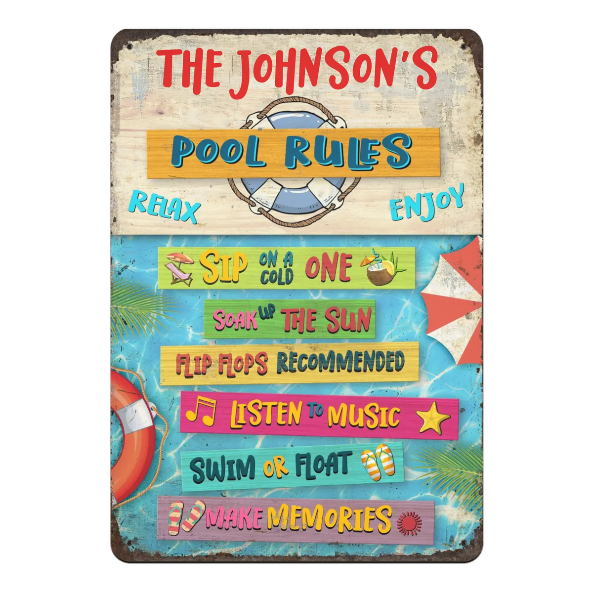 Pool Rules Inspirational Sayings for Swimmers - Personalized Metal Sign, Outdoor Poolside Metal Decor, Family Gifts