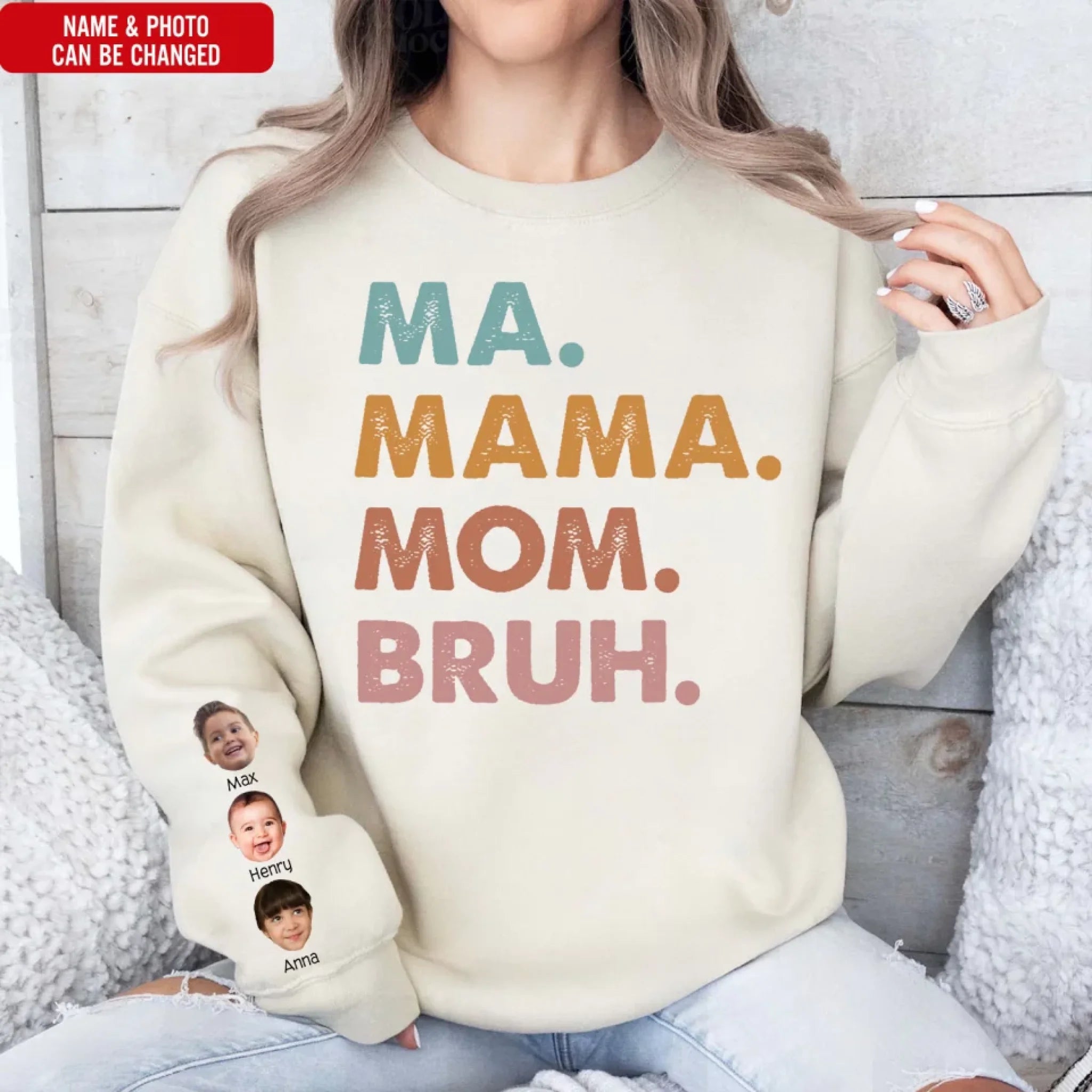 Mama Mom Bruh - Personalized Sleeve Print Sweatshirt, Funny Mama Shirt, Funny Gift Custom Photo