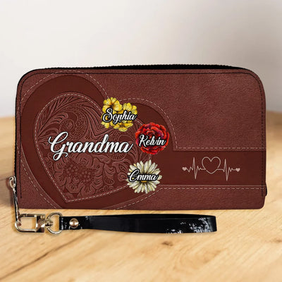 Her Love Blossoms In Every Season - Personalized Leather Wallet, Gift for Mom/Grandma, Mother's Day Gift