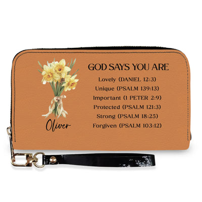 God Says You Are - Personalized Leather Wallet, Bible Verse Custom Birth Flower, Gift for Her