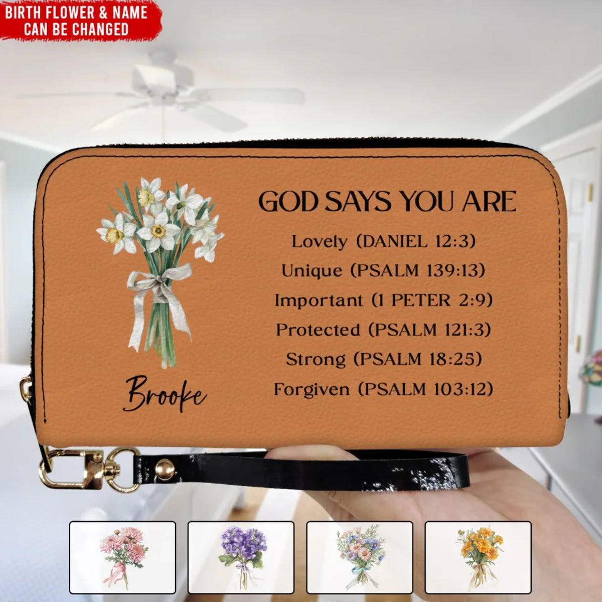 God Says You Are - Personalized Leather Wallet, Bible Verse Custom Birth Flower, Gift for Her