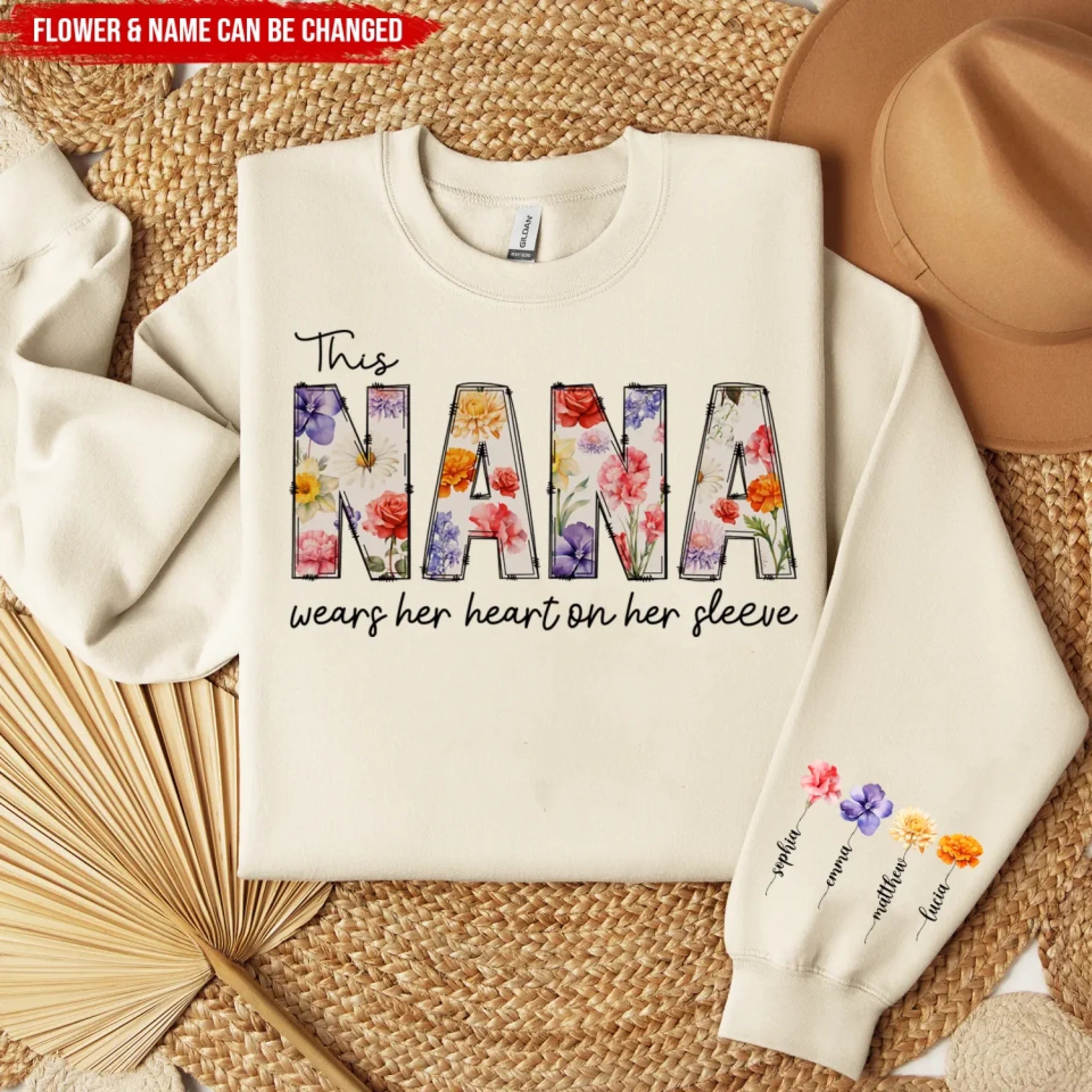 This Nana Wears Her Heart On Her Sleeve - Personalized Sleeve Print Sweatshirt, Gift for Mom/Grandma