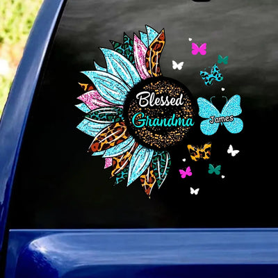 Leopard Sparking Sunflower - Personalized Decal, Gift For Mama/ Grandma, Mother’s Day Gift, Car Decor