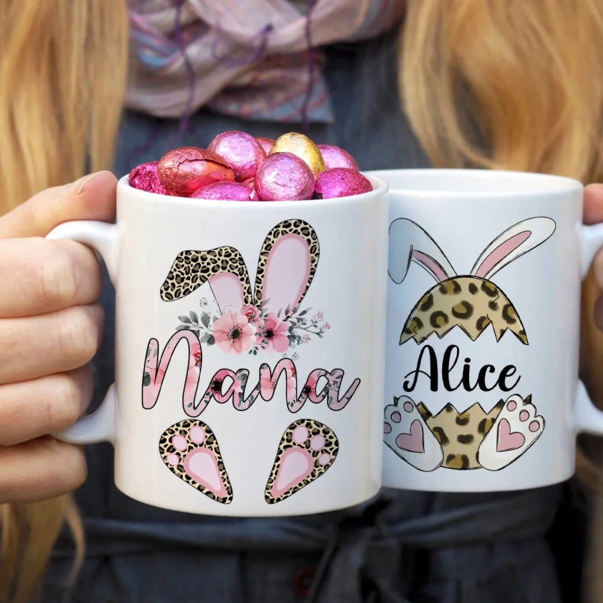 Nana Flower Leopard Easter - Personalized Mug, Easter Day Gift for Grandma, Bunny Coffee Cup