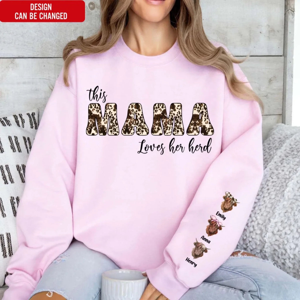 This Nana Loves Her Herd - Personalized Sleeve Print Sweatshirt, Cow Print Mama Shirt, Gift for Grandma/Mom, Mother's Day Gift