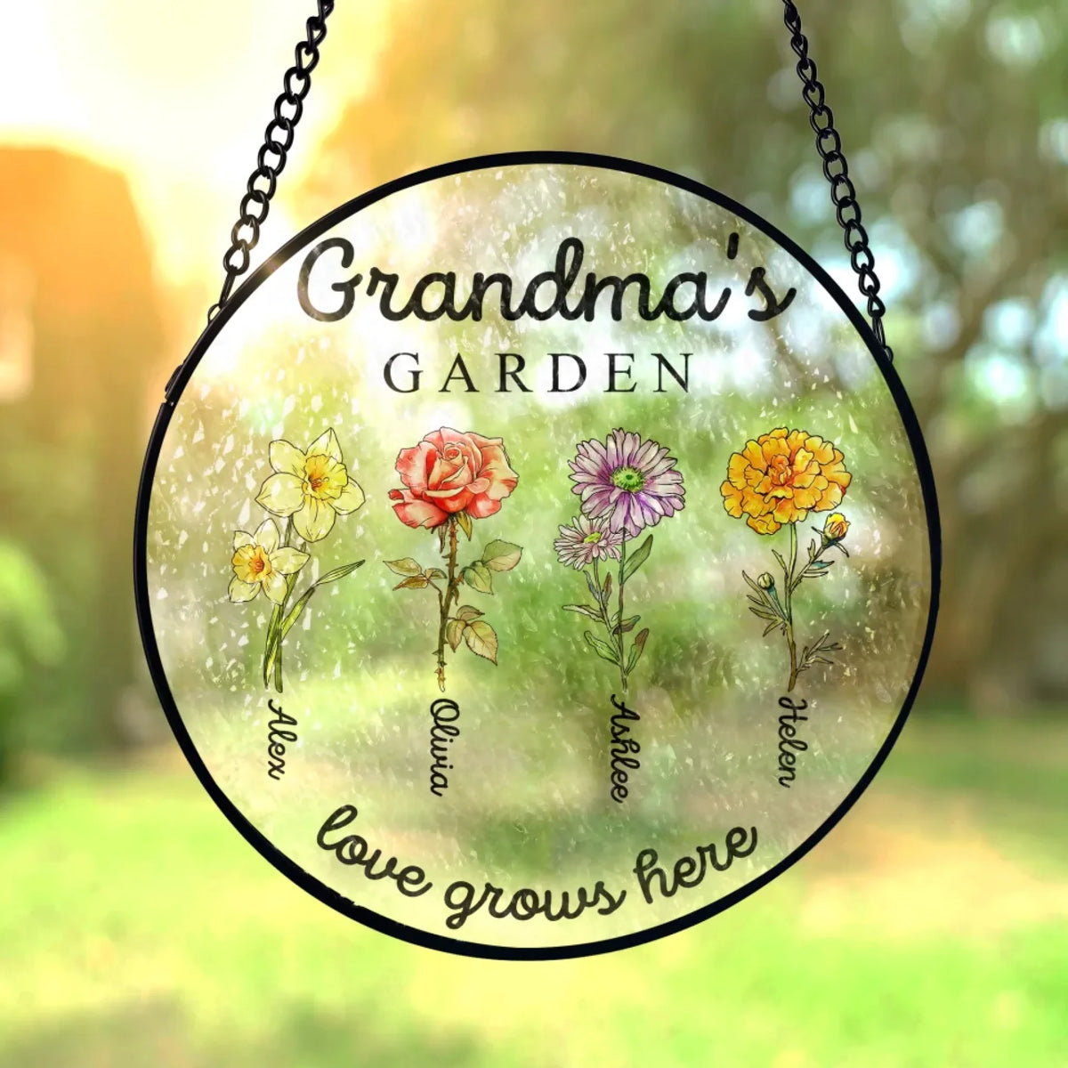 Custom Birth Flower Grandma's Garden - Personalized Window Stained Glass, Suncatcher Window Hangings