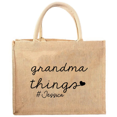Grandma Things - Personalized Jute Tote Bag, Gift For Mom/Grandma, Mother's Day Gift