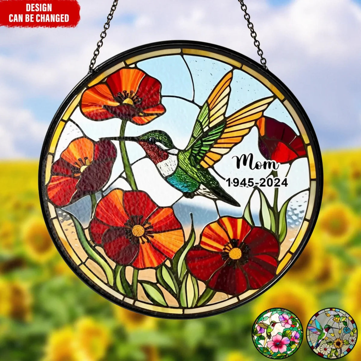Hummingbird Poppy Flower - Personalized Window Stained Glass, Sympathy Gift, Memorial Suncatcher