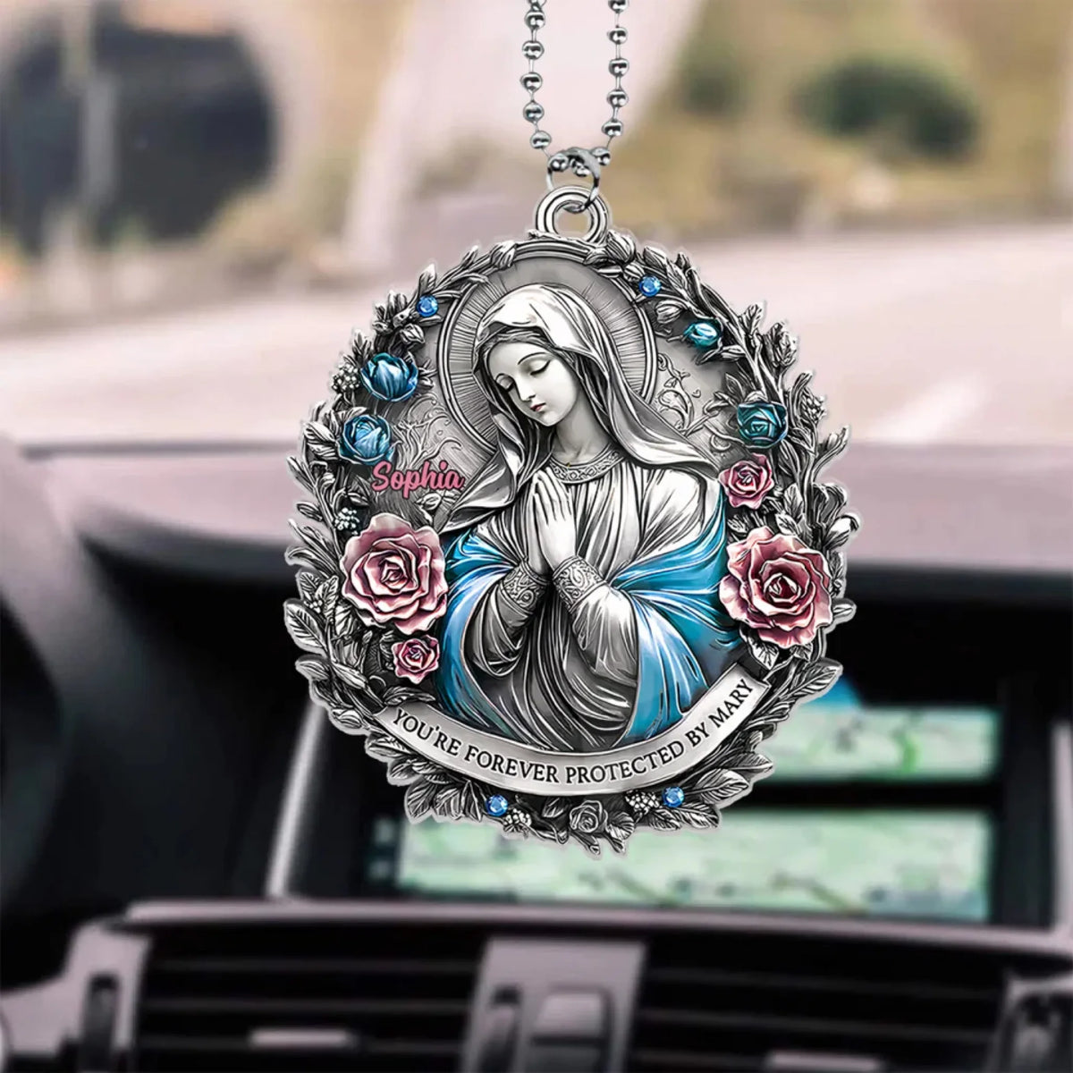 You're Forever Protected By Mary - Personalized Acrylic Car Hanger, Memorial Gift For Family Members