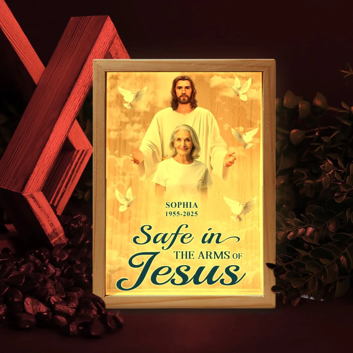 Safe In The Arms Of Jesus - Personalized Frame Light Box, Custom Photo Memorial Gift, Sympathy Gift For Family Members