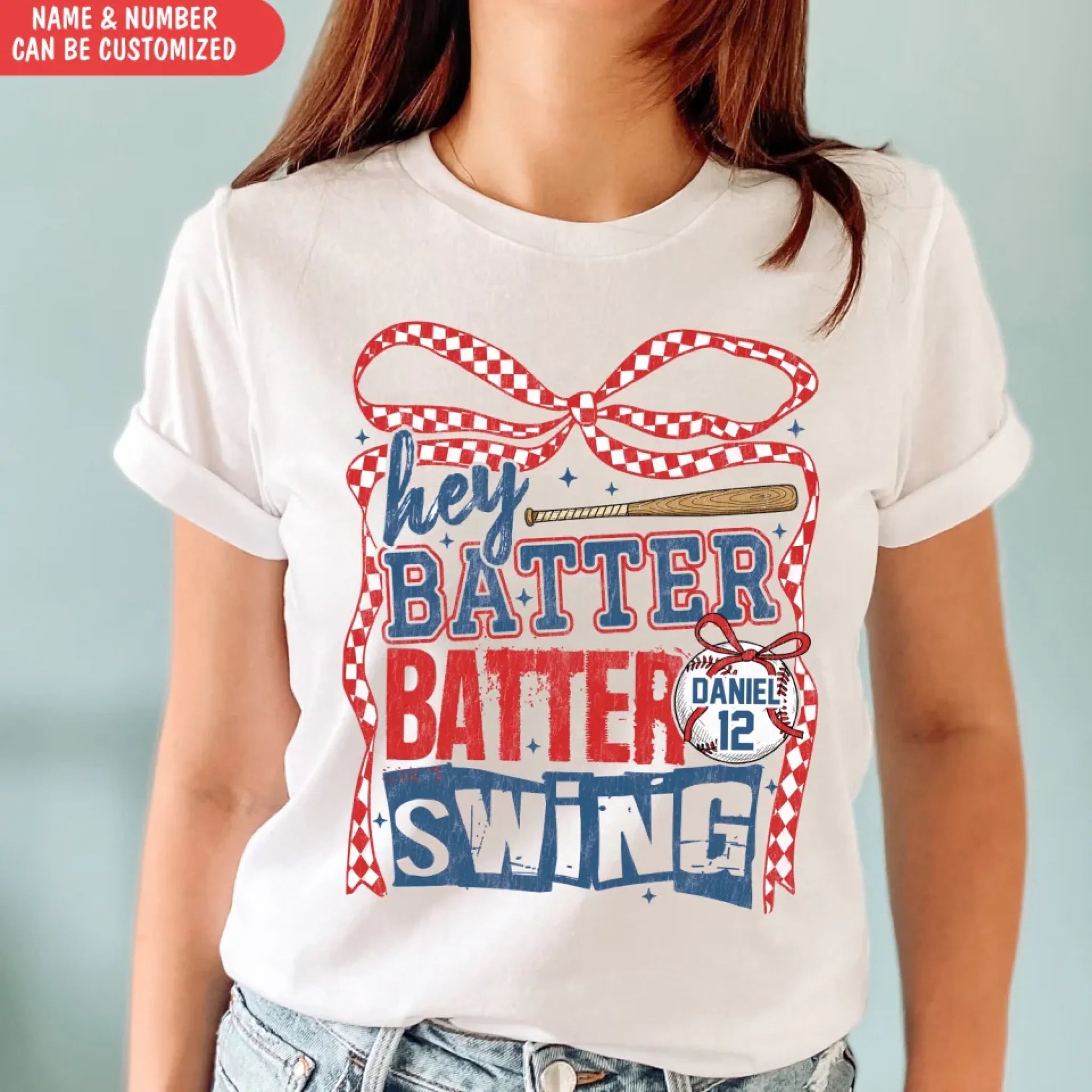 Retro Baseball Batter Batter Swing - Personalized T-Shirt, Checkered Baseball Coquette Shirt, Game Day Baseball Mom Shirt