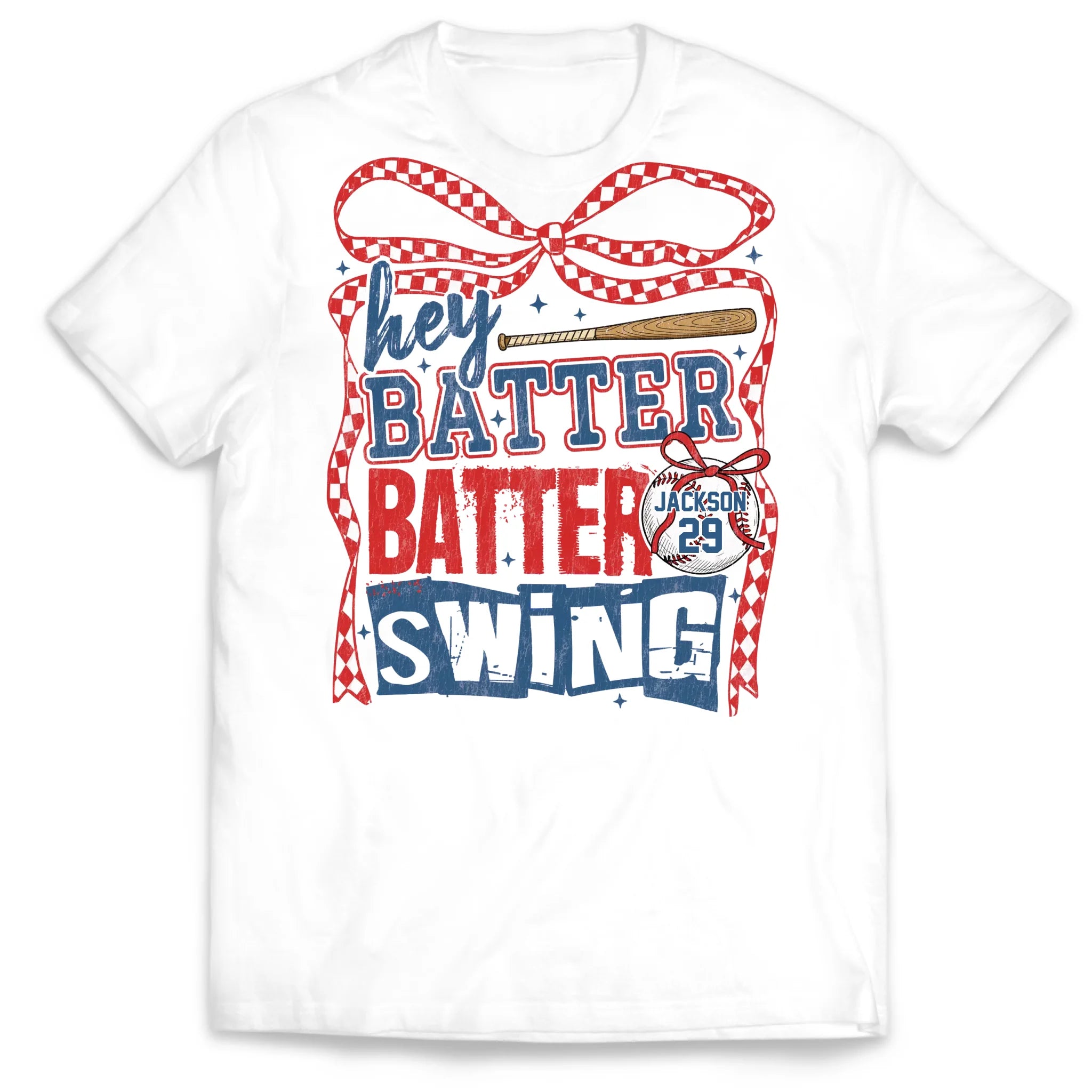 Retro Baseball Batter Batter Swing - Personalized T-Shirt, Checkered Baseball Coquette Shirt, Game Day Baseball Mom Shirt
