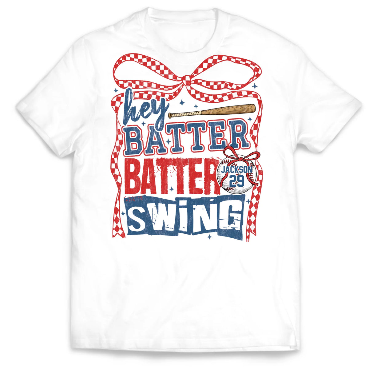 Retro Baseball Batter Batter Swing - Personalized T-Shirt, Checkered Baseball Coquette Shirt, Game Day Baseball Mom Shirt